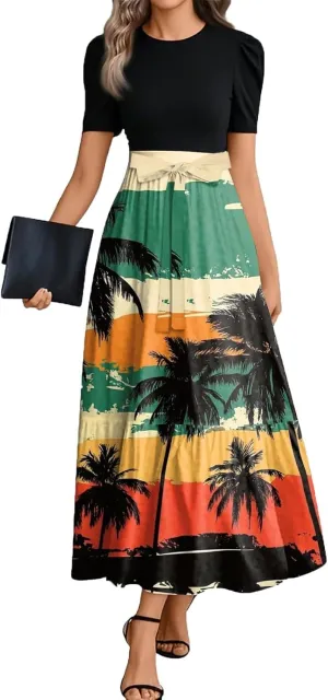 Dresses for Women 2025 Elegant Boho Tie Belted Patchwork Dresses Empire Waist Short Sleeve Modest Flowy Maxi Dress