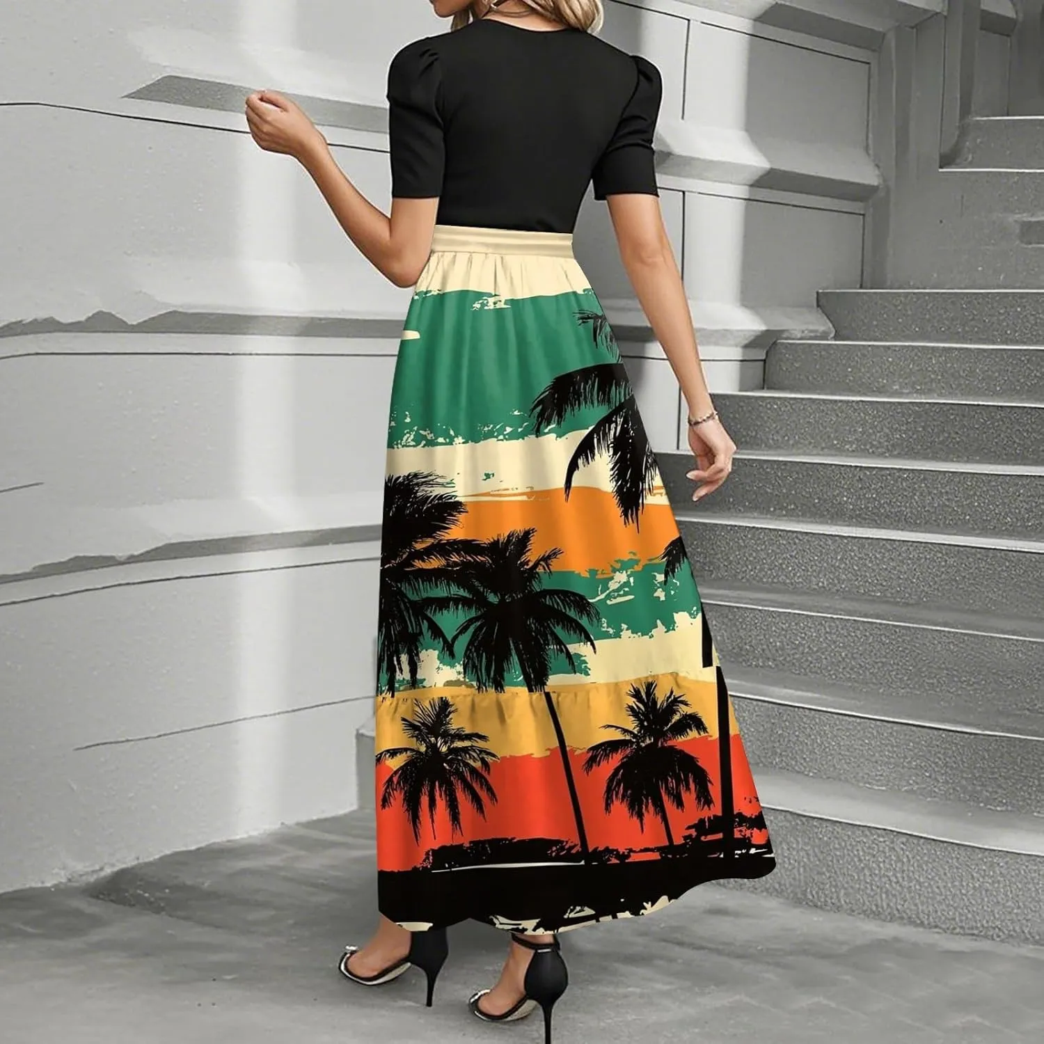 Dresses for Women 2025 Elegant Boho Tie Belted Patchwork Dresses Empire Waist Short Sleeve Modest Flowy Maxi Dress