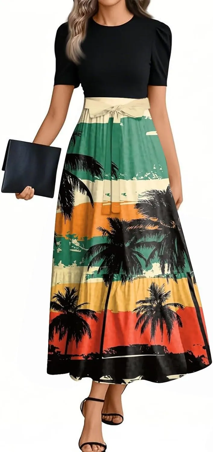 Dresses for Women 2025 Elegant Boho Tie Belted Patchwork Dresses Empire Waist Short Sleeve Modest Flowy Maxi Dress