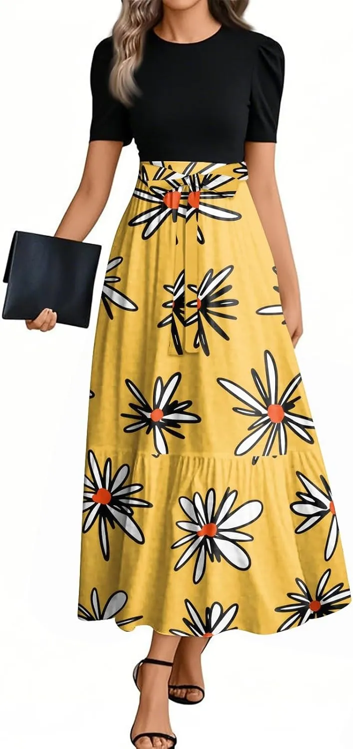 Dresses for Women 2025 Elegant Boho Tie Belted Patchwork Dresses Empire Waist Short Sleeve Modest Flowy Maxi Dress