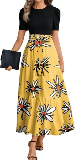 Dresses for Women 2025 Elegant Boho Tie Belted Patchwork Dresses Empire Waist Short Sleeve Modest Flowy Maxi Dress