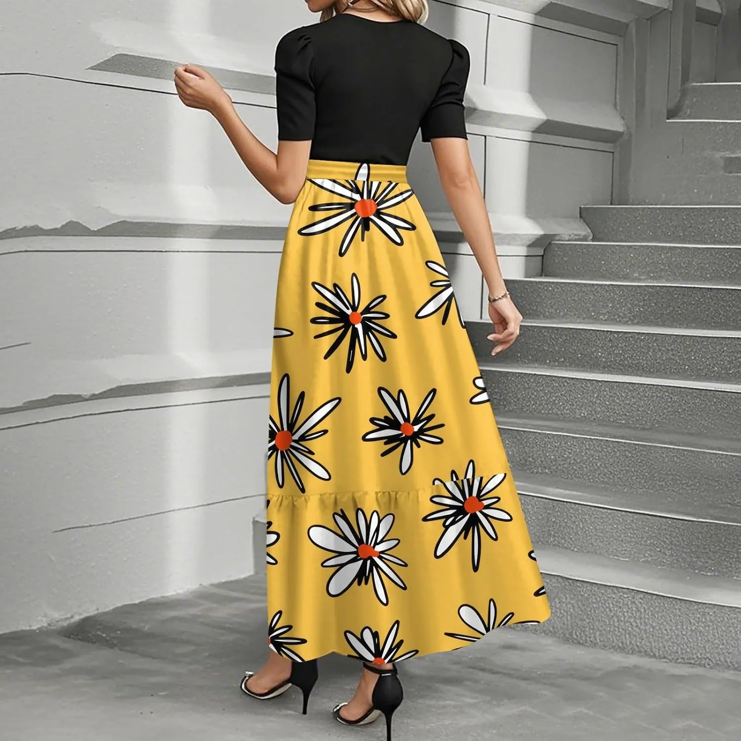 Dresses for Women 2025 Elegant Boho Tie Belted Patchwork Dresses Empire Waist Short Sleeve Modest Flowy Maxi Dress