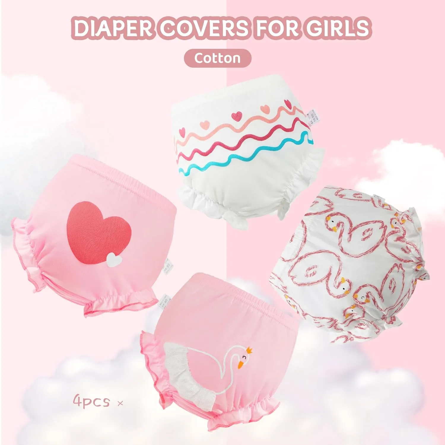 Durio 4Pcs Diaper Covers for Girls Baby Bloomers for Toddler Girls Ruffle Cute Cotton Baby Girl Shorts Toddler Girl Bloomers