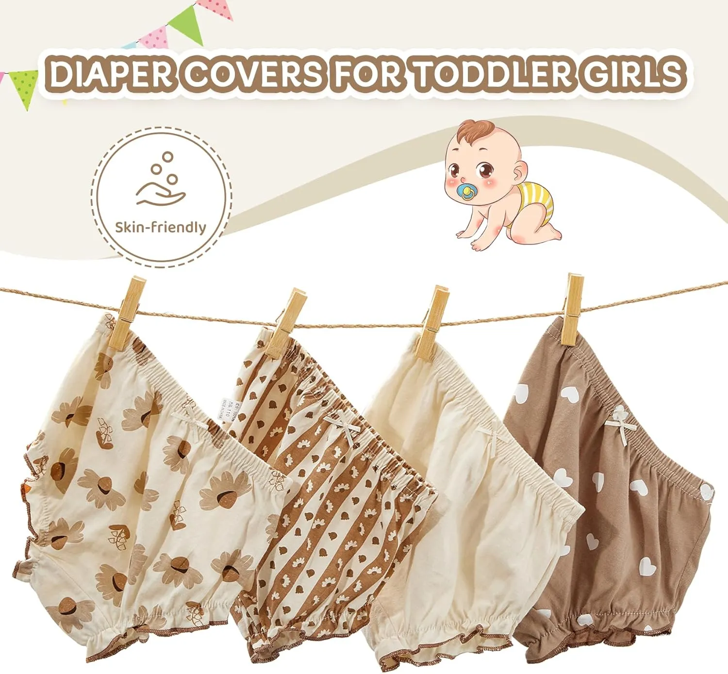 Durio 4Pcs Diaper Covers for Girls Baby Bloomers for Toddler Girls Ruffle Cute Cotton Baby Girl Shorts Toddler Girl Bloomers