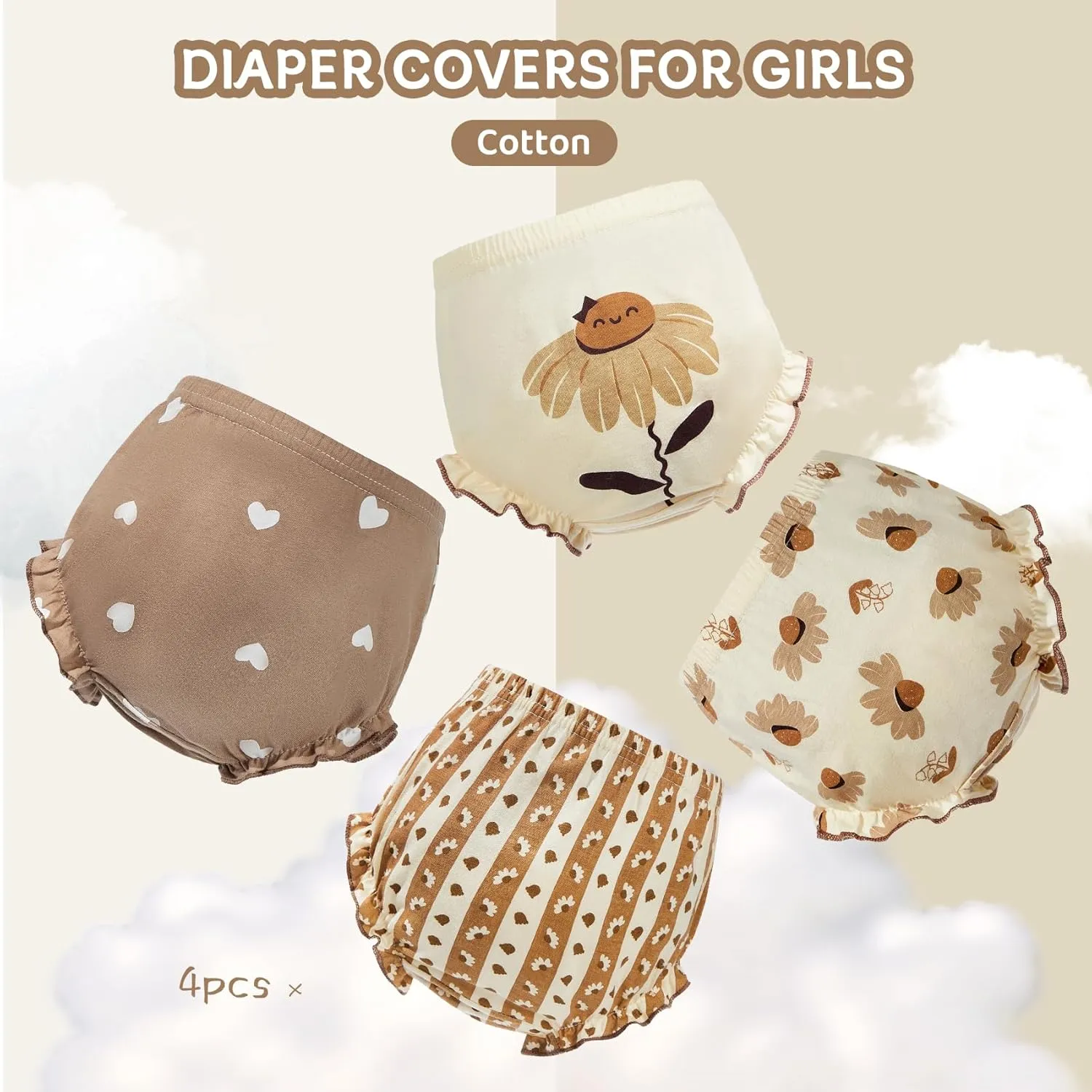 Durio 4Pcs Diaper Covers for Girls Baby Bloomers for Toddler Girls Ruffle Cute Cotton Baby Girl Shorts Toddler Girl Bloomers