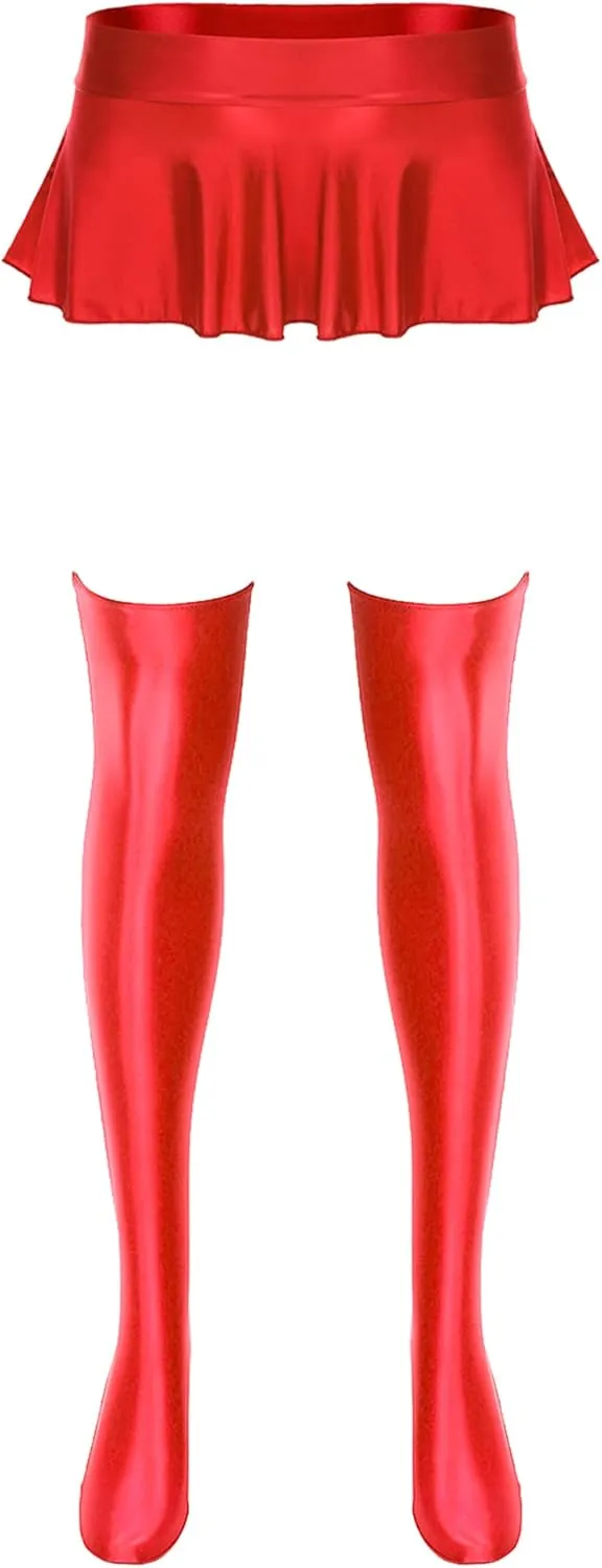 easyforever Women's Pleated Ultra Micro-Mini Skirt with Glossy Thigh High Stockings Underwear
