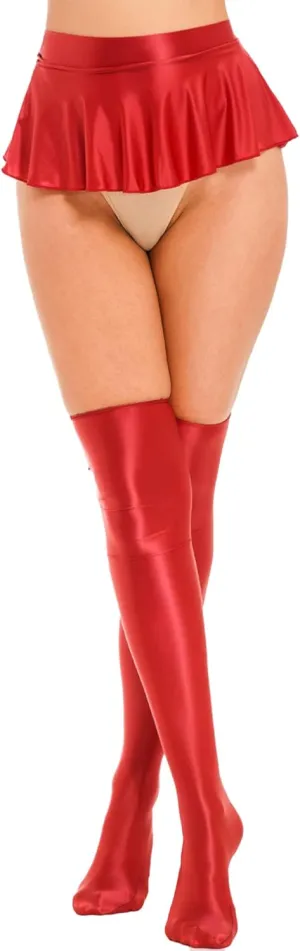 easyforever Women's Pleated Ultra Micro-Mini Skirt with Glossy Thigh High Stockings Underwear