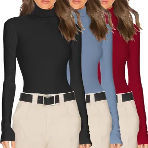 Ekouaer Women's 3 Pack Turtleneck Long Sleeve Shirts Slim Fit Thermal Underwear Tops Lightweight Pullover Tees
