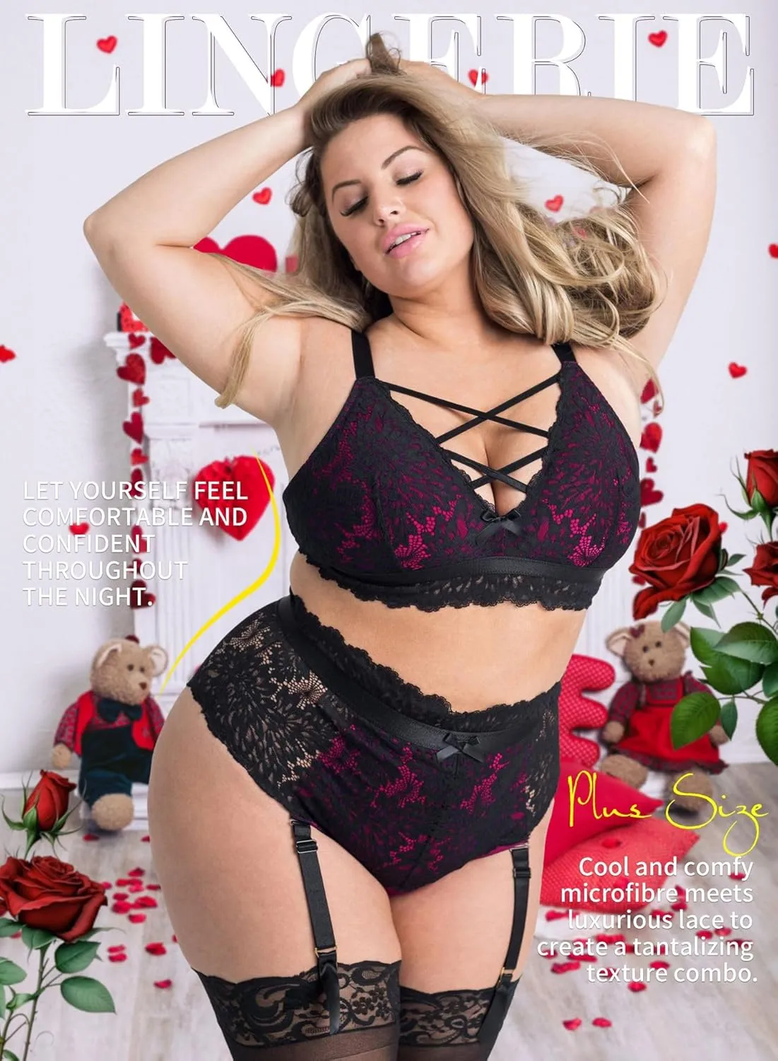 EVELUST Plus Size Lingerie for Women - Sexy Luxe Criss-cross Bra Lace Cup Classic Underwear High Waisted Suspender Set
