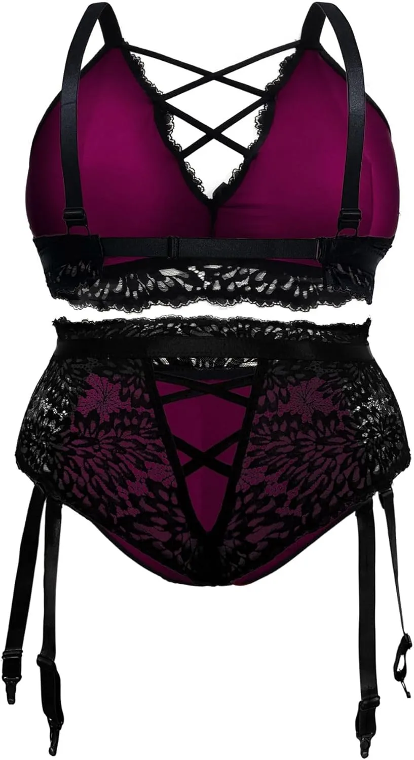 EVELUST Plus Size Lingerie for Women - Sexy Luxe Criss-cross Bra Lace Cup Classic Underwear High Waisted Suspender Set