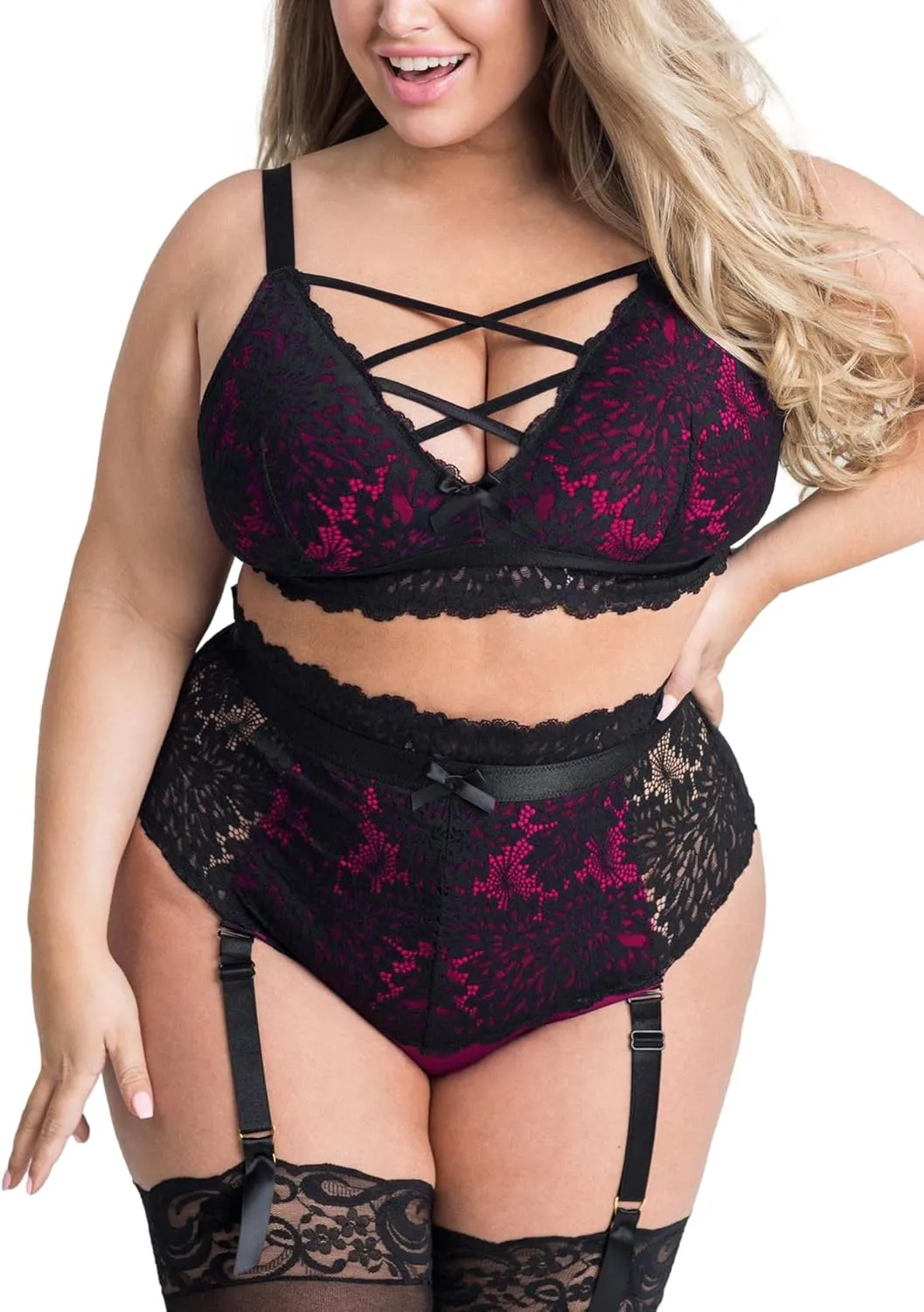 EVELUST Plus Size Lingerie for Women - Sexy Luxe Criss-cross Bra Lace Cup Classic Underwear High Waisted Suspender Set