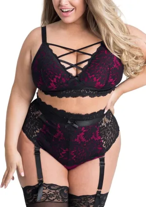 EVELUST Plus Size Lingerie for Women - Sexy Luxe Criss-cross Bra Lace Cup Classic Underwear High Waisted Suspender Set