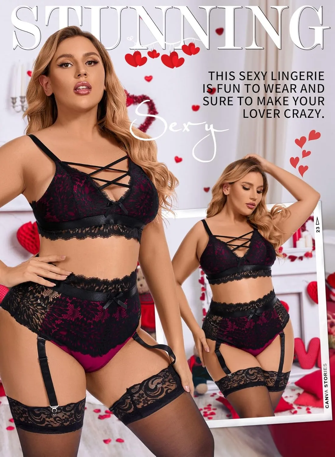EVELUST Plus Size Lingerie for Women - Sexy Luxe Criss-cross Bra Lace Cup Classic Underwear High Waisted Suspender Set