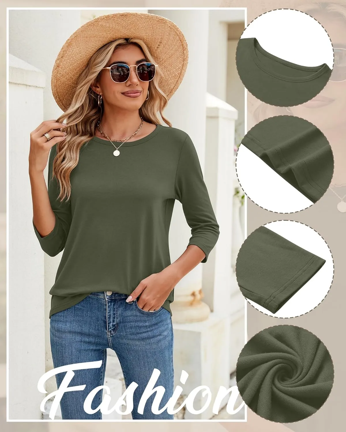 Ficerd 3 Pack 3/4 Sleeve Tops for Women Round Neck Dressy Basics Tees Casual Trendy Loose Fit T Shirts