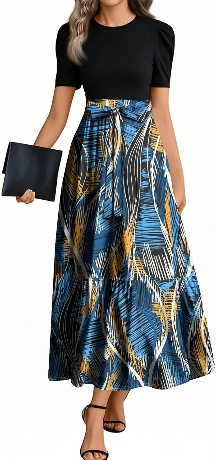 FlekmanArt Dresses for Women 2025 Elegant Boho Tie Belted Patchwork Empire Waist Short Sleeve Modest Crewneck Maxi Dresses