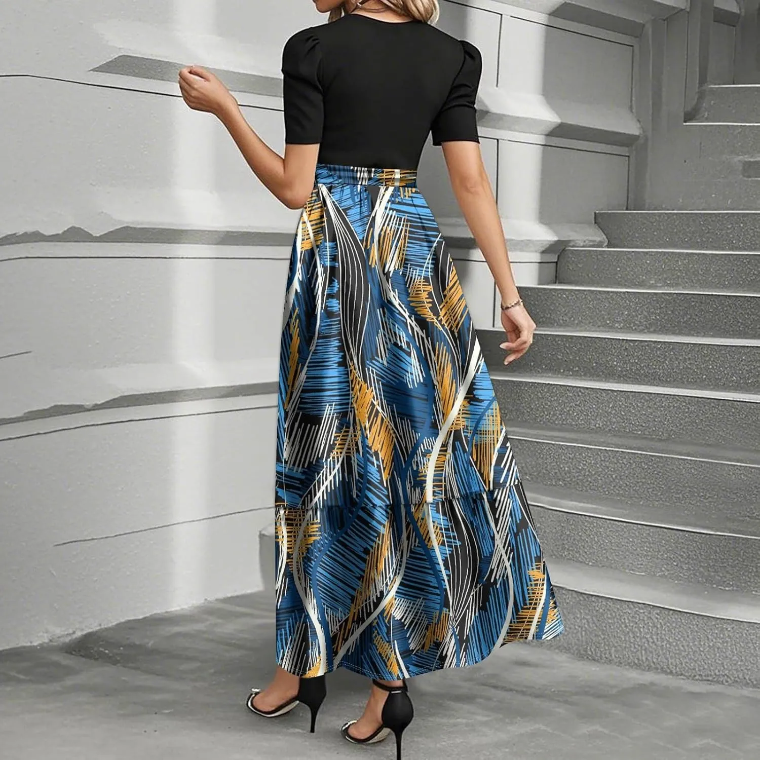 FlekmanArt Dresses for Women 2025 Elegant Boho Tie Belted Patchwork Empire Waist Short Sleeve Modest Crewneck Maxi Dresses
