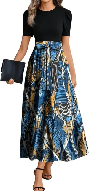 FlekmanArt Dresses for Women 2025 Elegant Boho Tie Belted Patchwork Empire Waist Short Sleeve Modest Crewneck Maxi Dresses