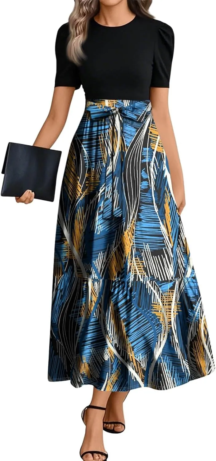 FlekmanArt Dresses for Women 2025 Elegant Boho Tie Belted Patchwork Empire Waist Short Sleeve Modest Crewneck Maxi Dresses