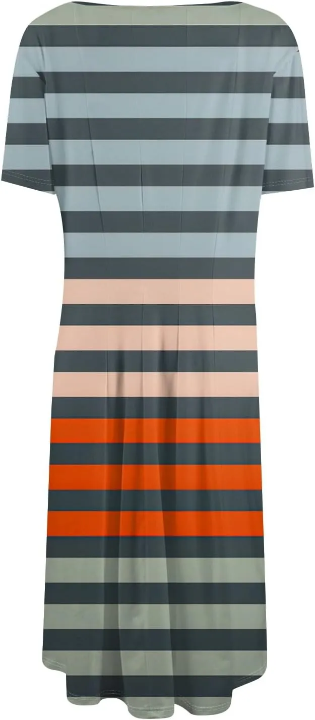 FlekmanArt Dresses for Women 2025 Short Sleeve Round Neck Church Dresses Pleated Knee Length Dress with Pockets Print Dress