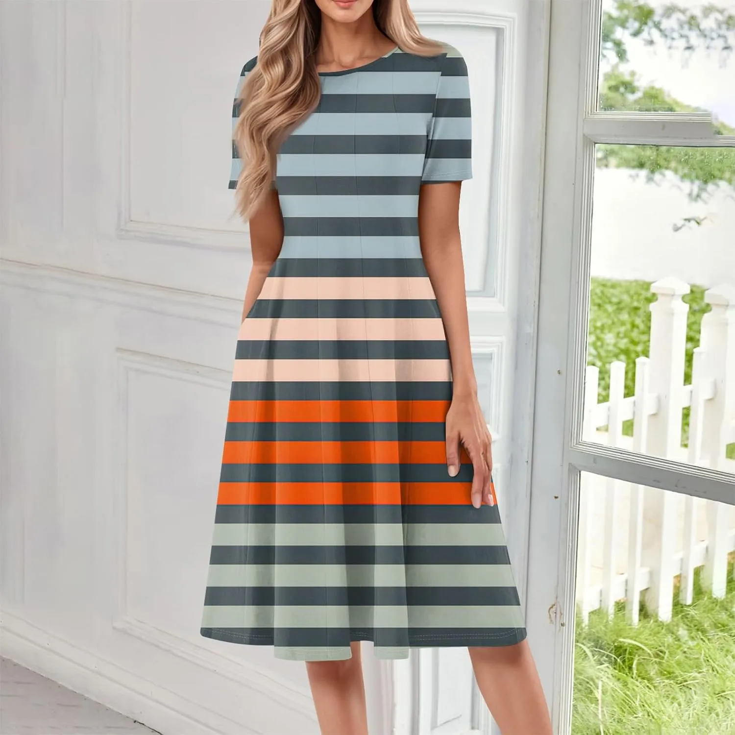 FlekmanArt Dresses for Women 2025 Short Sleeve Round Neck Church Dresses Pleated Knee Length Dress with Pockets Print Dress