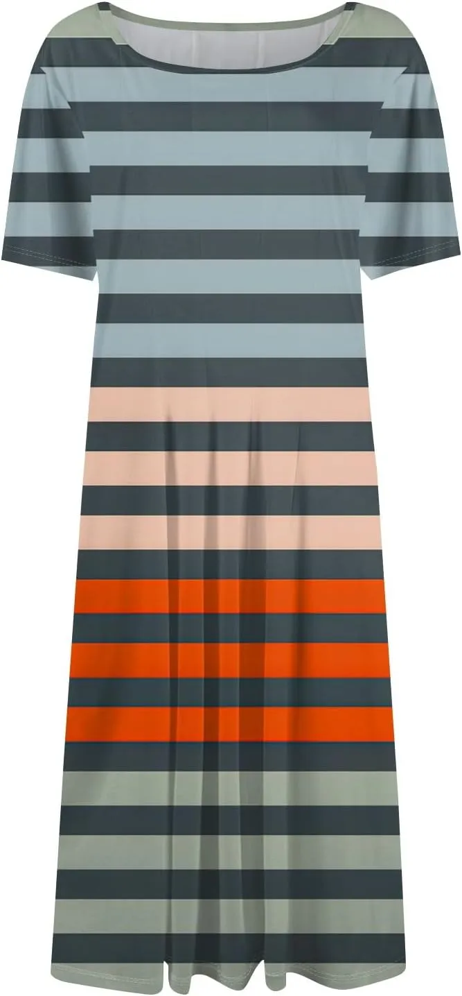 FlekmanArt Dresses for Women 2025 Short Sleeve Round Neck Church Dresses Pleated Knee Length Dress with Pockets Print Dress