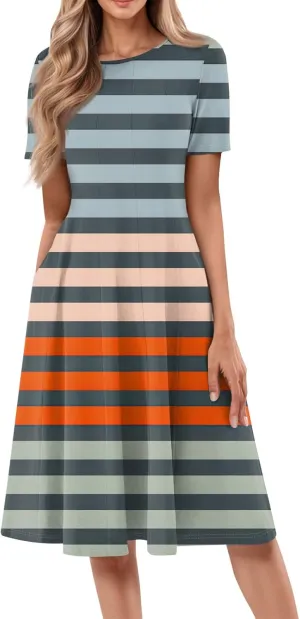 FlekmanArt Dresses for Women 2025 Short Sleeve Round Neck Church Dresses Pleated Knee Length Dress with Pockets Print Dress