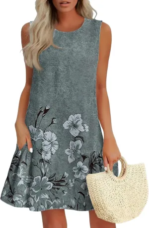 FlekmanArt Summer Dresses for Women 2025 Loose Beach Vacation Casual Crew Neck Sleeveless Sundress with Pockets Tank Dress