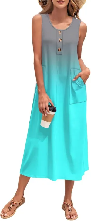 FlekmanArt Women's Summer Maxi Dress 2025 Sleeveless Button Down Casual Loose Long Beach Sundress Travel Vacation Outfits