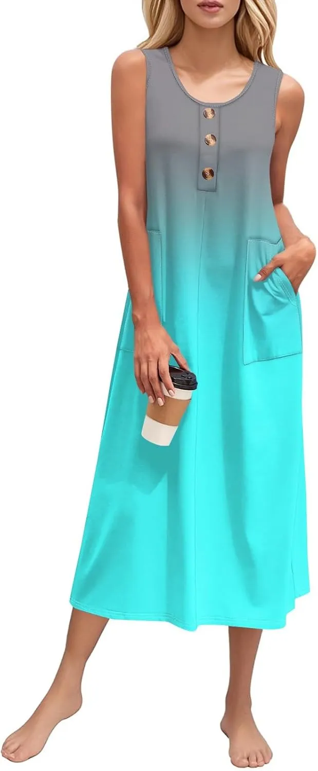 FlekmanArt Women's Summer Maxi Dress 2025 Sleeveless Button Down Casual Loose Long Beach Sundress Travel Vacation Outfits