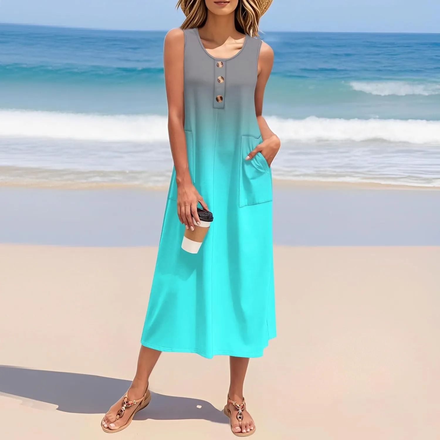 FlekmanArt Women's Summer Maxi Dress 2025 Sleeveless Button Down Casual Loose Long Beach Sundress Travel Vacation Outfits