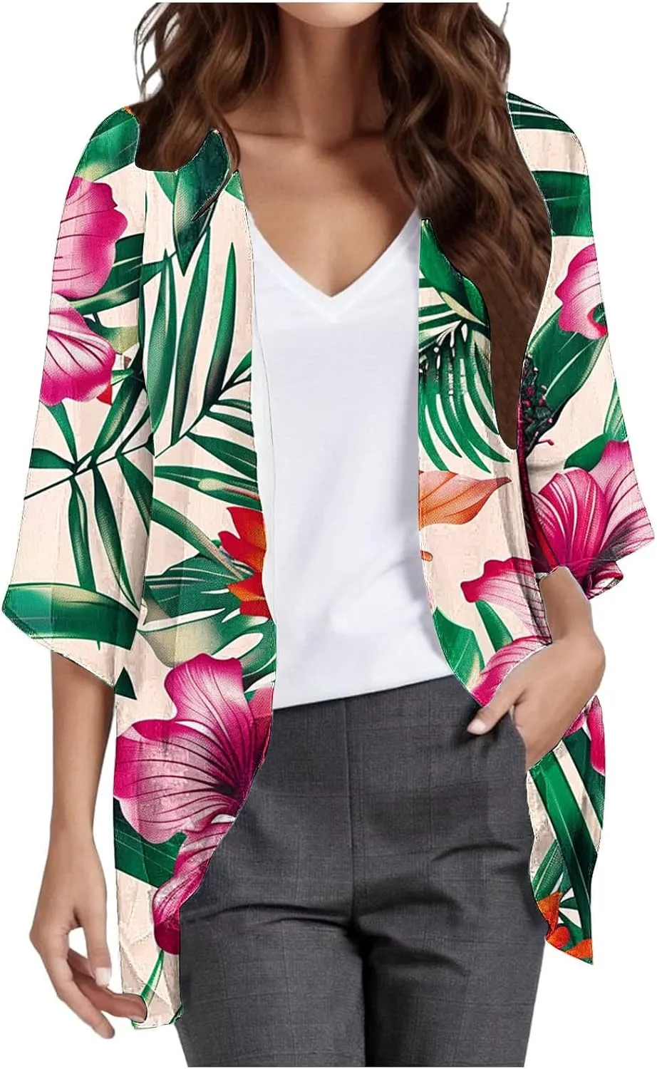 Floral Print Puff Sleeve Kimono For Women Cardigans 3/4 Sleeve Chiffon Coverup 2025 Loose Open Front Cover Beach Tops