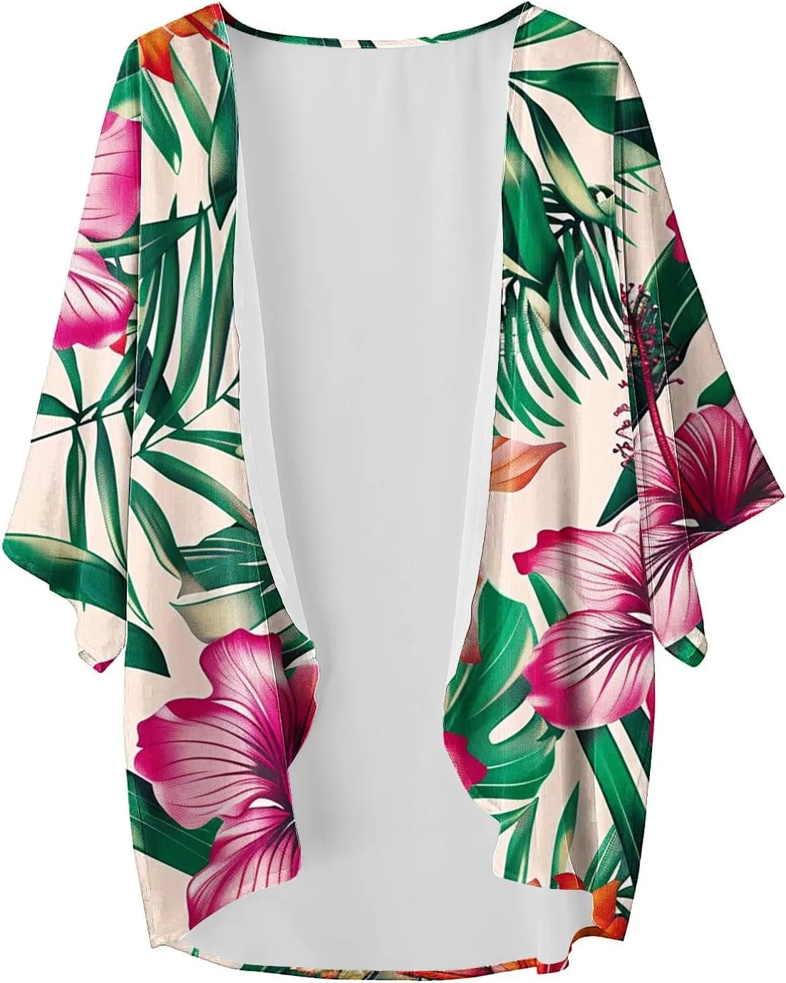 Floral Print Puff Sleeve Kimono For Women Cardigans 3/4 Sleeve Chiffon Coverup 2025 Loose Open Front Cover Beach Tops