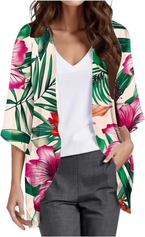 Floral Print Puff Sleeve Kimono For Women Cardigans 3/4 Sleeve Chiffon Coverup 2025 Loose Open Front Cover Beach Tops