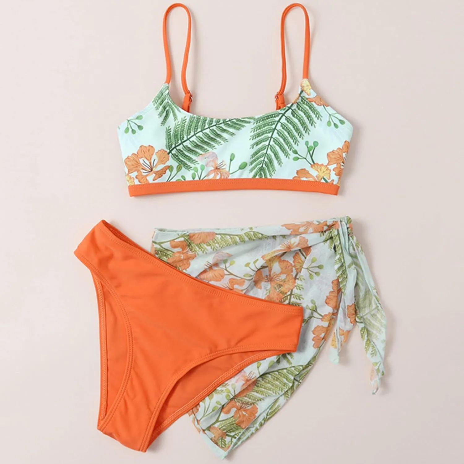 Girls Swimsuit 3 Piece Tropical Print Bikini Set Modest Swim Skirt String Bikini Swimsuit Bathing Suit Tops Swimwear