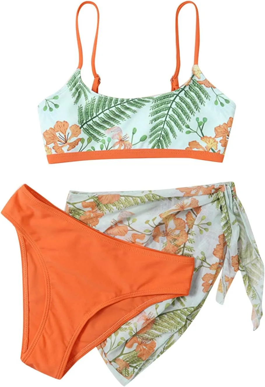 Girls Swimsuit 3 Piece Tropical Print Bikini Set Modest Swim Skirt String Bikini Swimsuit Bathing Suit Tops Swimwear