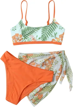 Girls Swimsuit 3 Piece Tropical Print Bikini Set Modest Swim Skirt String Bikini Swimsuit Bathing Suit Tops Swimwear