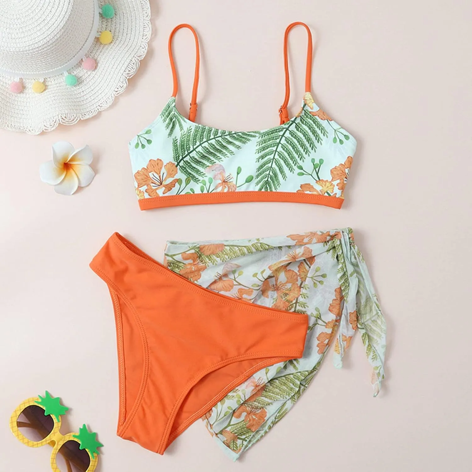 Girls Swimsuit 3 Piece Tropical Print Bikini Set Modest Swim Skirt String Bikini Swimsuit Bathing Suit Tops Swimwear