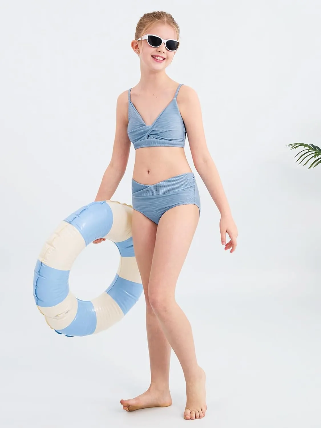 Girls' Swimsuits 2 Piece Bikini Set Solid Color Twist Cross Spaghetti Straps Bathing Suit Teen Swimwear with Chest Pad