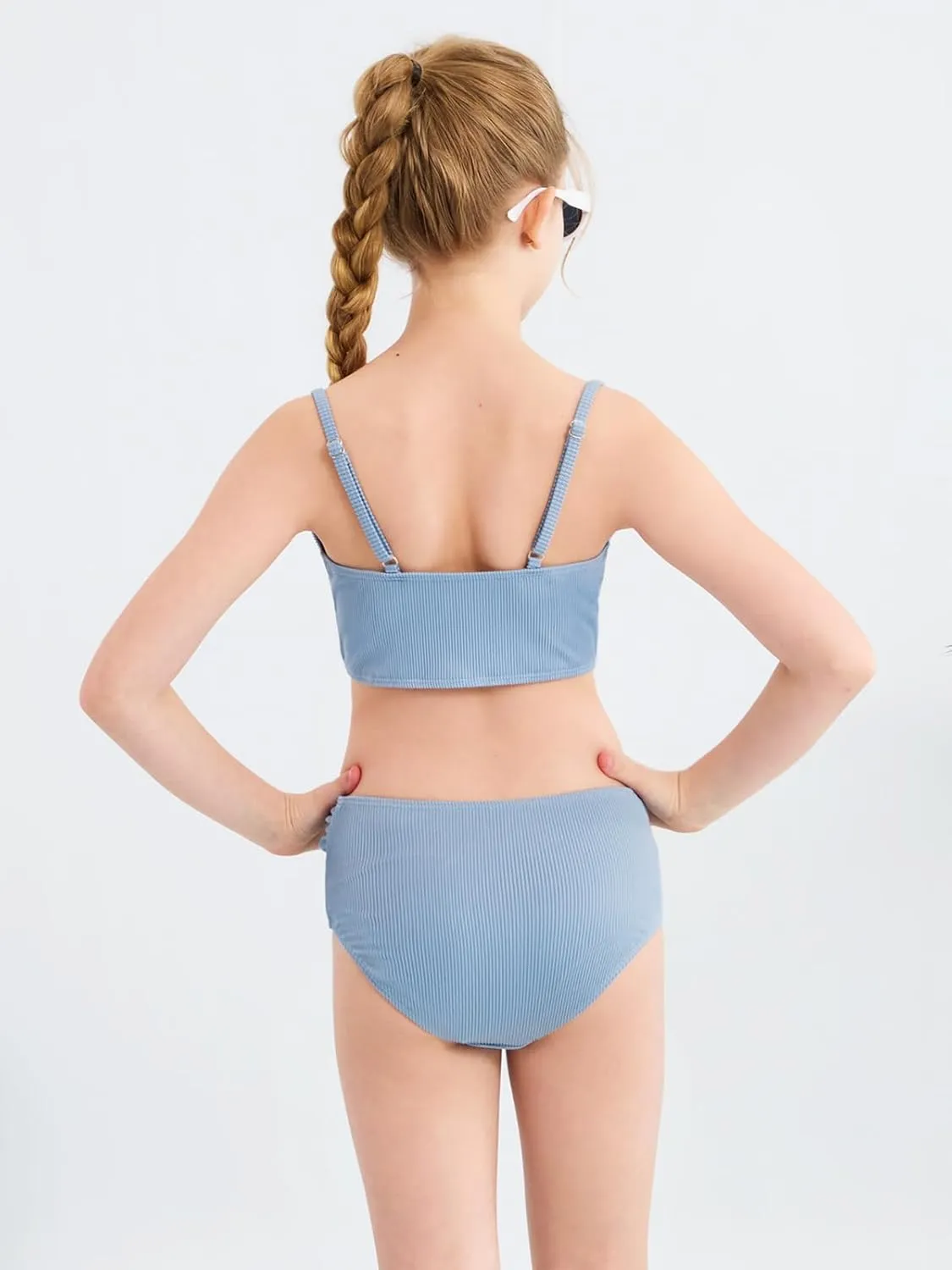 Girls' Swimsuits 2 Piece Bikini Set Solid Color Twist Cross Spaghetti Straps Bathing Suit Teen Swimwear with Chest Pad
