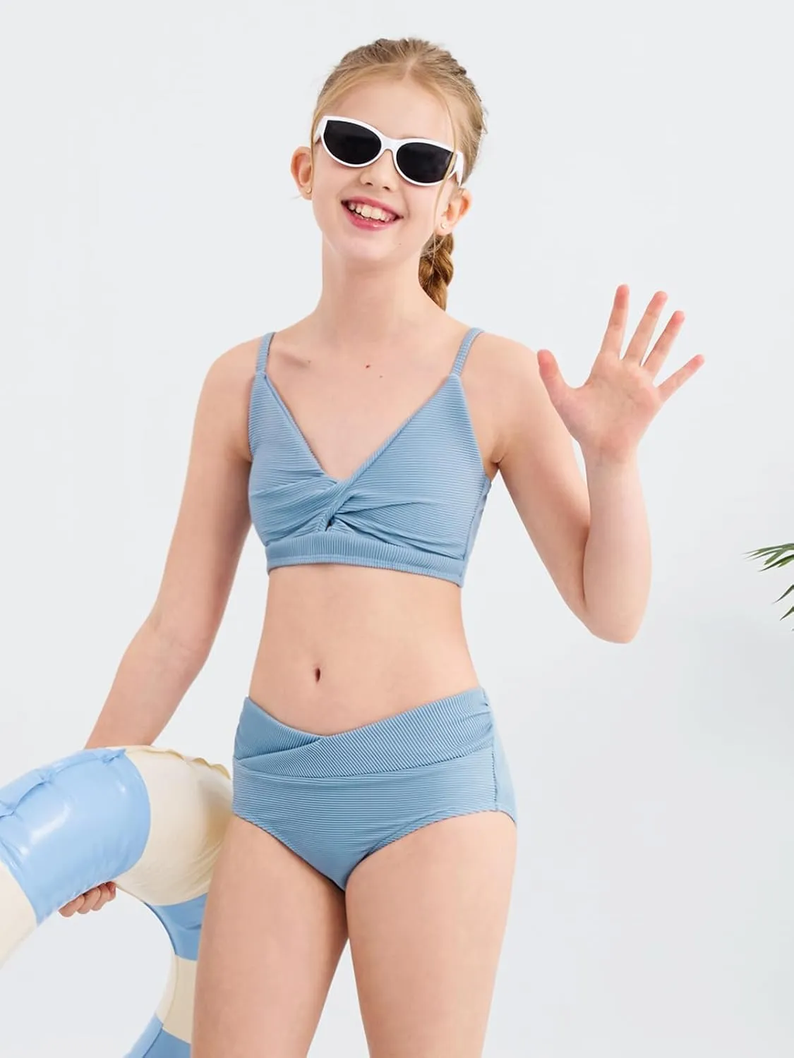 Girls' Swimsuits 2 Piece Bikini Set Solid Color Twist Cross Spaghetti Straps Bathing Suit Teen Swimwear with Chest Pad