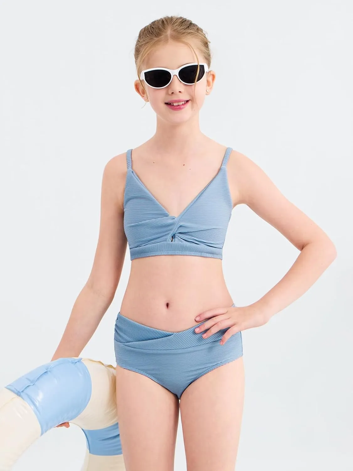 Girls' Swimsuits 2 Piece Bikini Set Solid Color Twist Cross Spaghetti Straps Bathing Suit Teen Swimwear with Chest Pad