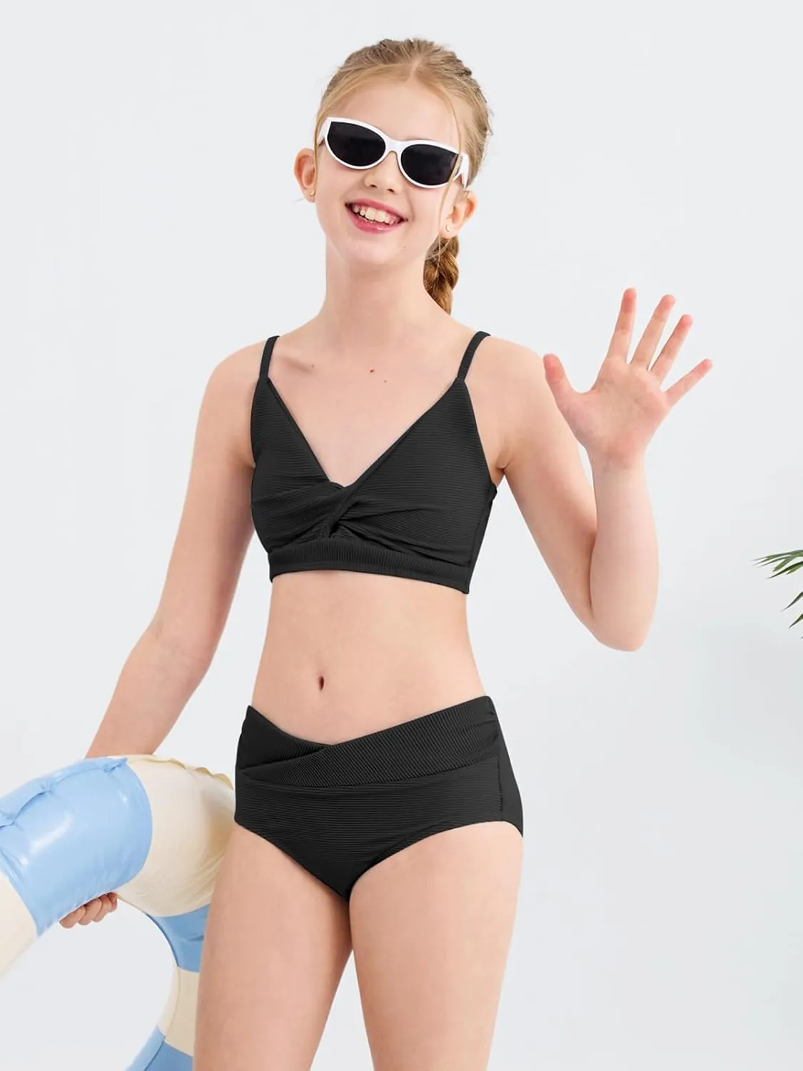 Girls' Swimsuits 2 Piece Bikini Set Solid Color Twist Cross Spaghetti Straps Bathing Suit Teen Swimwear with Chest Pad