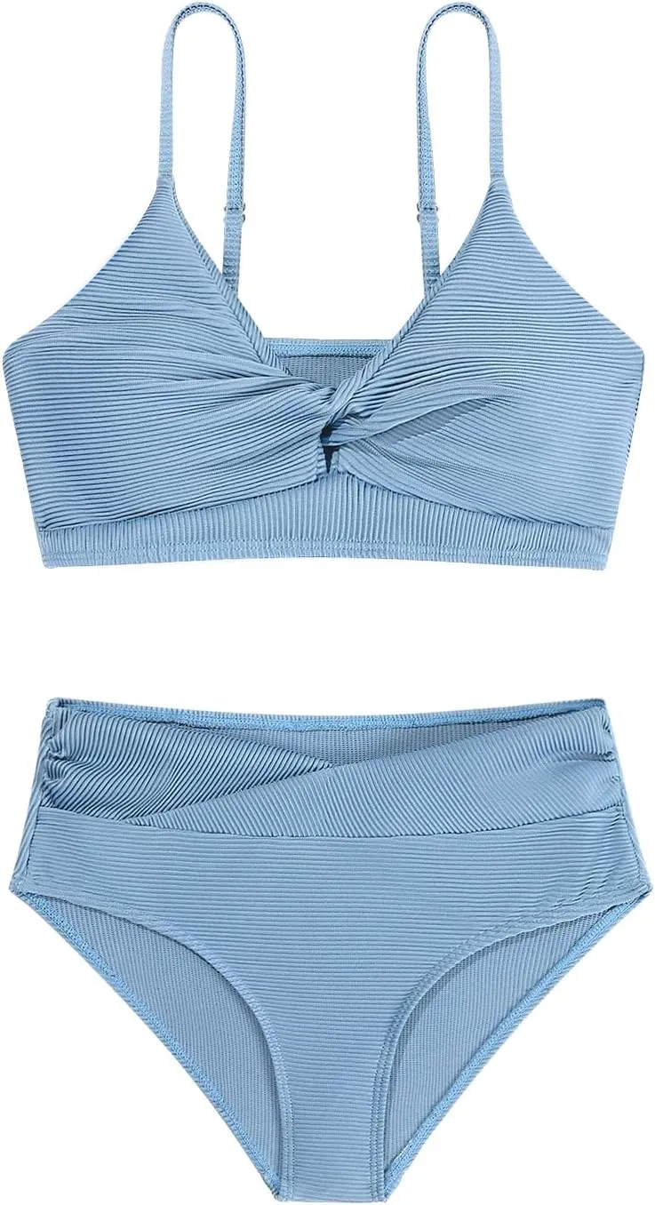 Girls' Swimsuits 2 Piece Bikini Set Solid Color Twist Cross Spaghetti Straps Bathing Suit Teen Swimwear with Chest Pad