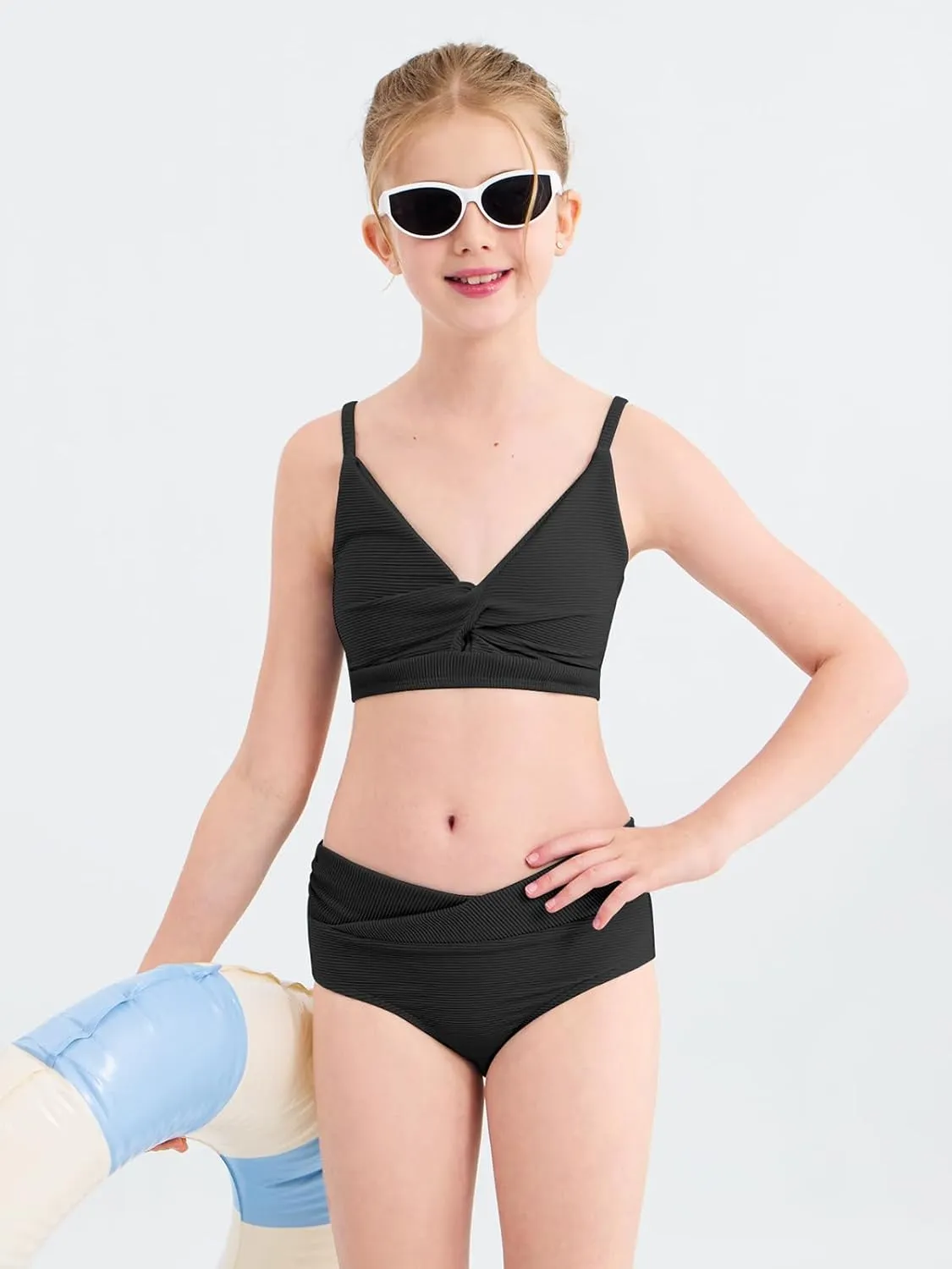 Girls' Swimsuits 2 Piece Bikini Set Solid Color Twist Cross Spaghetti Straps Bathing Suit Teen Swimwear with Chest Pad