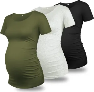 GLAMIX Maternity Shirts for Women Short Sleeve Tops Summer Clothes 3 Packs Cotton T Shirt Mama Basics Pregnancy Tees