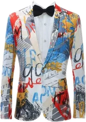 Graffiti Printed Party Blazer,One Button,Slim Fit Suit Jacket for Christmas,Mardi Gras,Halloween Parties