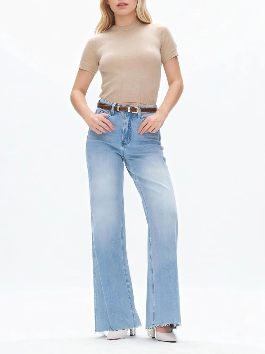 High Waist Stretchy Wide Leg Jeans for Women Basic Straight Denim Pants Raw Hem Underwear Trouser