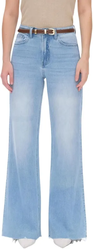 High Waist Stretchy Wide Leg Jeans for Women Basic Straight Denim Pants Raw Hem Underwear Trouser