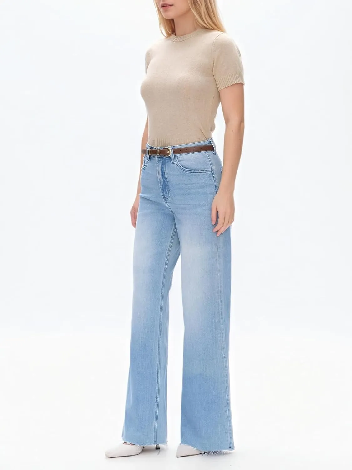 High Waist Stretchy Wide Leg Jeans for Women Basic Straight Denim Pants Raw Hem Underwear Trouser