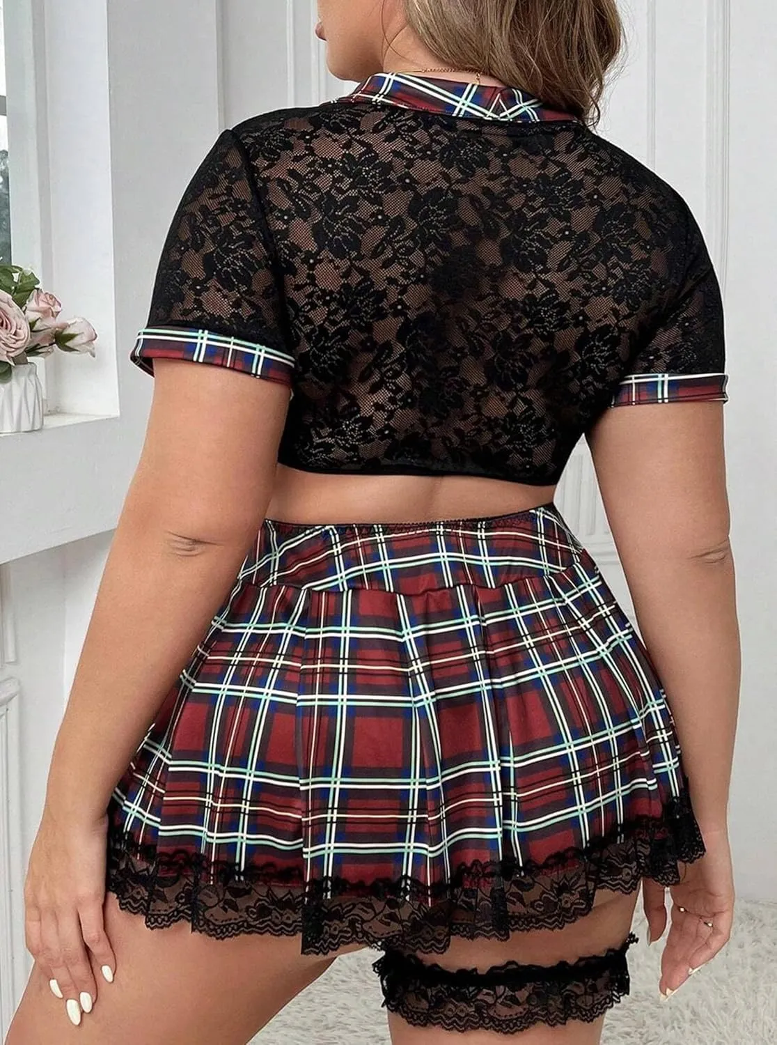 Hilinker Women's Plus Size School Girl Outfits Costume Set Cosplay Lace Lingerie Crop Shirt with Mini Skirt
